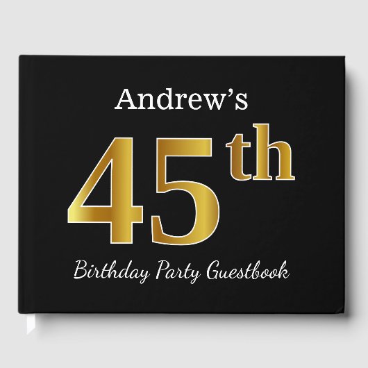 ブラックとメタルゴールドの45歳の誕生日パーティー + 名前入り ゲストブック (正面)
