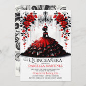 ブラックとレッドのキンセアニエラの女の子 招待状 (正面/裏面)