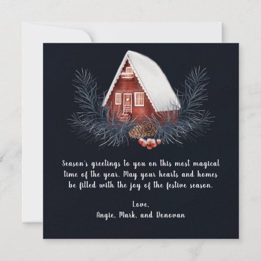 ブラックとレッドのクリスマスリース フォト ホリデー カード (裏面)