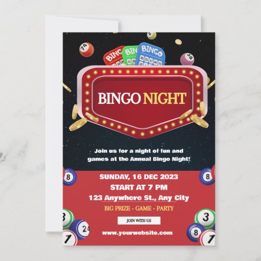 ブラックとレッドのビンゴナイトパーティー招待状 招待状 (正面)