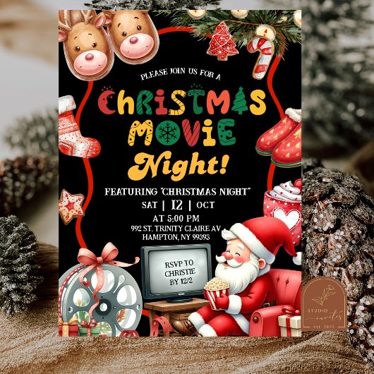 ブラックとレッドの楽しいレトロクリスマス映画の夜 招待状