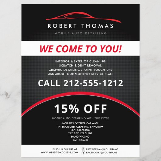ブラックとレッドの自動車詳細、洗車フライヤー チラシ (正面)