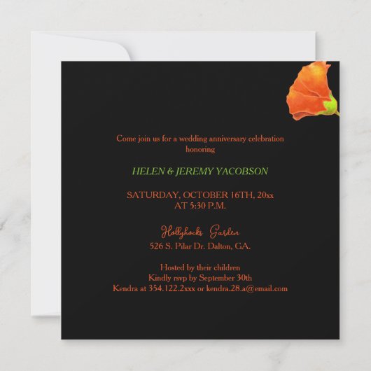 ブラックとレッドの花柄 50周年 ゴールドの結婚記念日 招待状 (裏面)