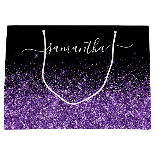ブラックとロイヤルパープルのグリッターエレガントネーム ラージペーパーバッグ (正面)