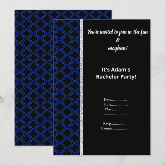 ブラックとロイヤルブルーのパターン独身パーティーの招待状 招待状 (正面/裏面)
