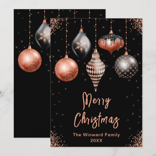ブラックとローズゴールドのオーナメント メリークリスマス シーズンカード (正面/裏面)