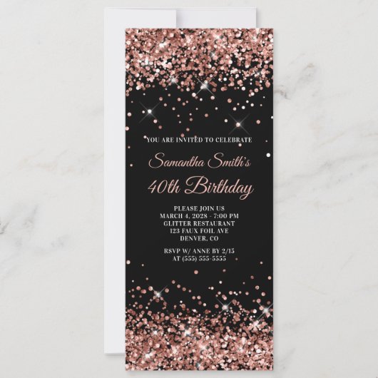 ブラックとローズゴールドのグリッター 40歳の誕生日 招待状 (正面)