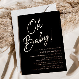 ブラックとローズゴールドのスクリプト ベビーシャワー「Oh Baby」 箔招待状