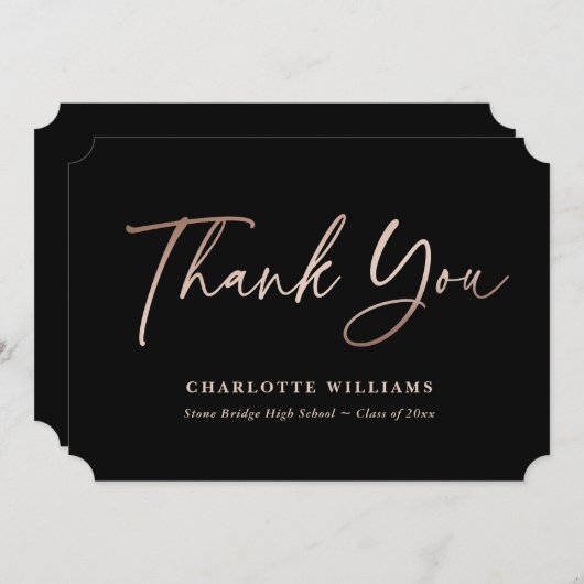 ブラックとローズゴールドの卒業式 サンキューカード (正面/裏面)