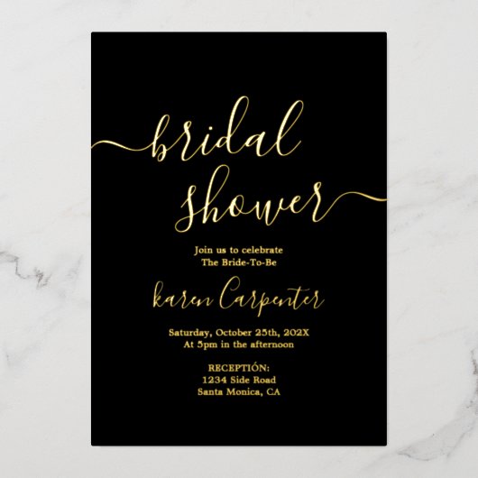 ブラックと実在金ゴールドフォイルブライダルシャワー招待 箔招待状 (正面)