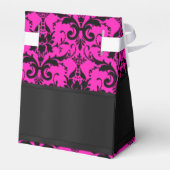 ブラックと明るい赤紫色ピンクダマスクの結婚式 フェイバーボックス (裏面サイド)