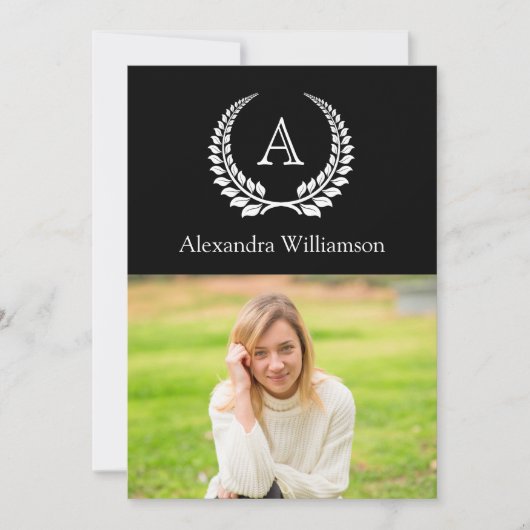ブラックと白モノグラム月桂樹の写真卒業 招待状 (正面)