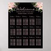 ブラックと赤面ピンクのフローラ結婚のシーティングチャート ポスター (正面)