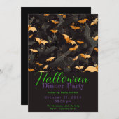 ブラックと金ゴールドこうもりハロウィーンディナーパーティー 招待状 (正面/裏面)