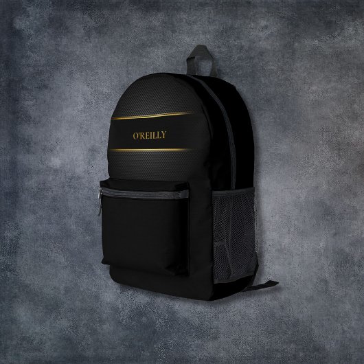 ブラックと金ゴールドのカーボンパターンモダンモノグラム プリントバックパック