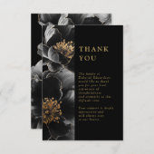 ブラックと金ゴールドのフローラの生涯葬儀お祝い サンキューカード (正面/裏面)