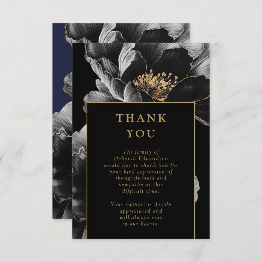 ブラックと金ゴールドのフローラの生涯葬儀お祝い サンキューカード (正面/裏面)