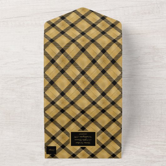 ブラックと金ゴールドのプレイドエレガント オールインワン招待状 (外側)