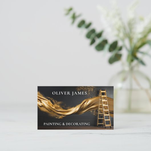ブラックと金ゴールドのラダーメタリック絵を描デコレータ 名刺 (スタンド正面)