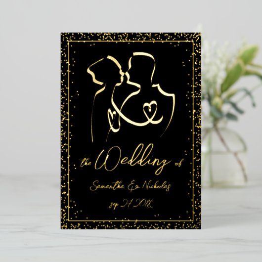 ブラックと金ゴールドの恋人のシルエット結婚 箔招待状 (立ち正面)