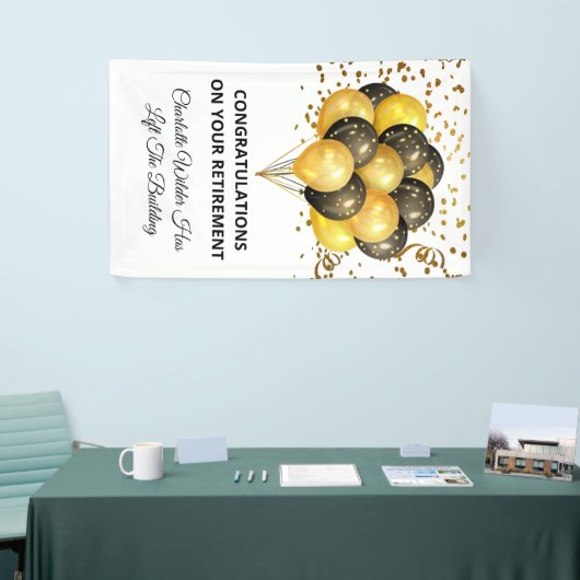 ブラックと金ゴールドの紙吹雪退職 横断幕 (トレードショー)