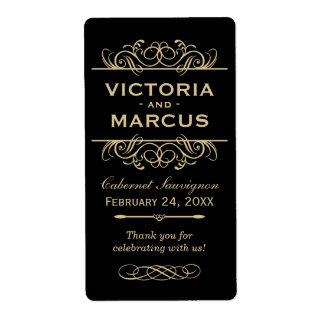 ブラックと金ゴールドの結婚ワインボトルモノグラムの好意 ラベル