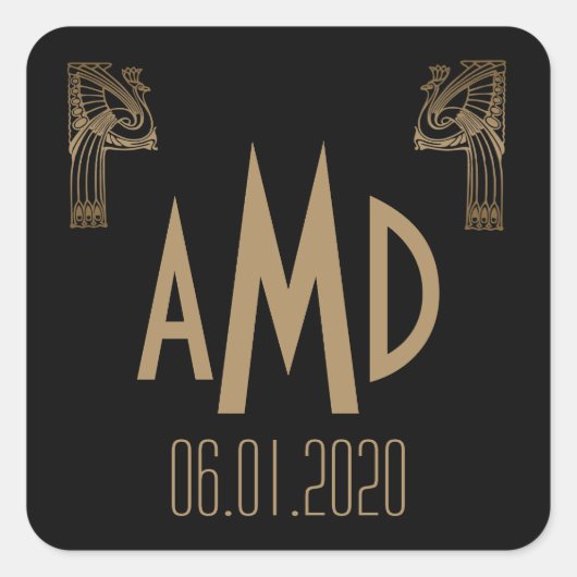 ブラックと金ゴールドアールデコピーコックモノグラムシール スクエアシール (正面)