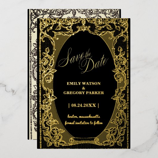 ブラックと金ゴールドエレガンス、アートフレーム 箔招待状 (正面/裏面)