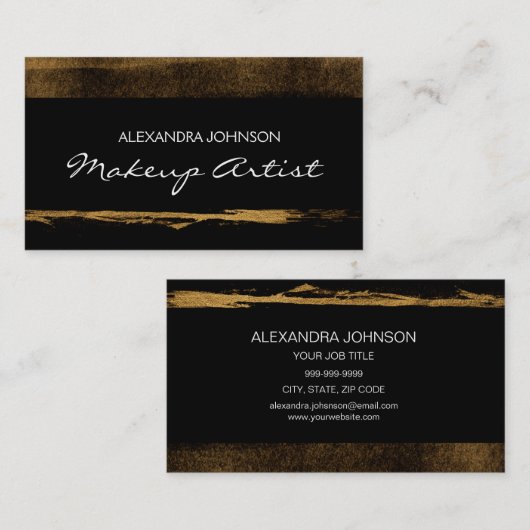ブラックと金ゴールドエレガントの金属箔メイクアップアーティスト 名刺 (正面/裏面)
