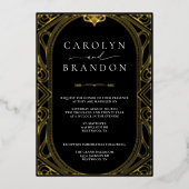 ブラックと金ゴールドエレガント華美結婚式招待状 箔招待状 (正面)
