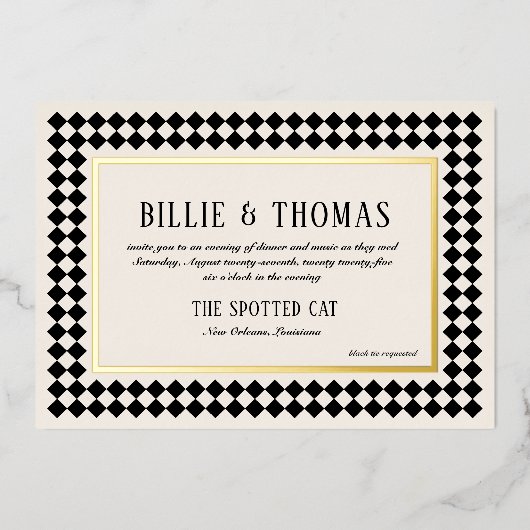 ブラックと金ゴールドオンアイボリーチェッカーボ縁どードジャズ 箔招待状 (正面)