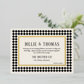 ブラックと金ゴールドオンアイボリーチェッカーボ縁どードジャズ 箔招待状 (立ち正面)