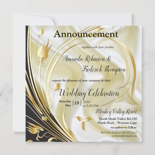 ブラックと金ゴールドオンシャンパンシルクアナウンスメント 案内状 (正面)