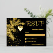 ブラックと金ゴールドクリスマスウィンターウェディングRSVP 箔シーズンカード (立ち正面)