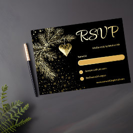 ブラックと金ゴールドクリスマスウィンターウェディングRSVP 箔シーズンカード