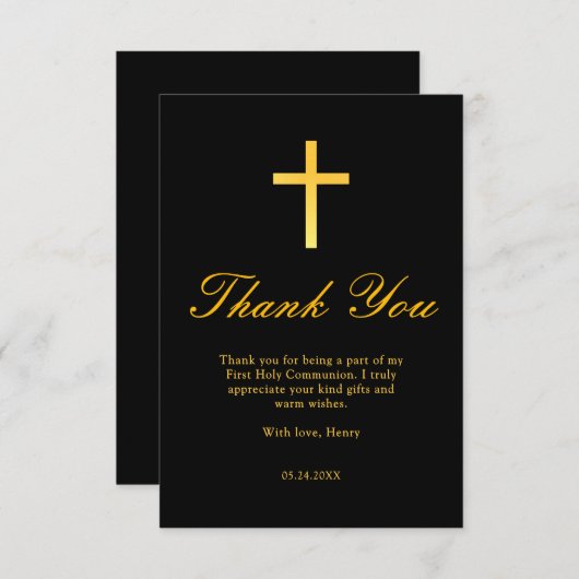 ブラックと金ゴールドクロスファースト・コミュニオンサンキュー ノートカード (正面/裏面)
