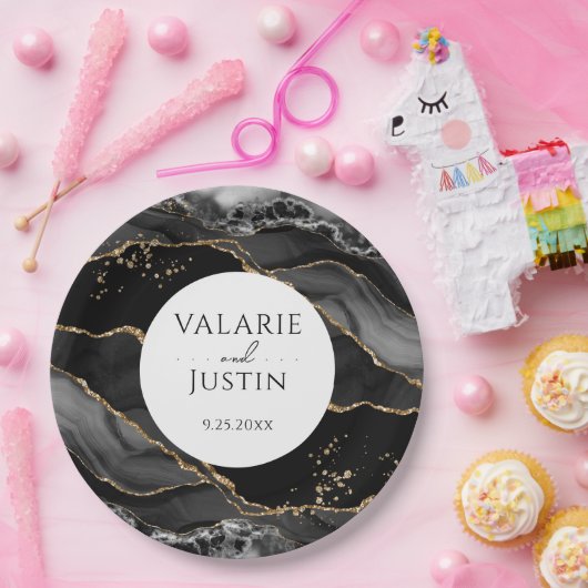 ブラックと金ゴールドグリッターアゲ結婚ートの紙プレート ペーパープレート (パーティー)