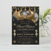 ブラックと金ゴールドグリッターバウブルクリスマススウィート16 招待状 (スタンド正面)