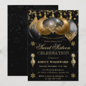 ブラックと金ゴールドグリッターバウブルクリスマススウィート16 招待状 (正面/裏面)