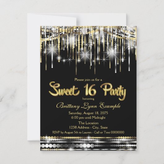 ブラックと金ゴールドスウィート16パーティー 招待状 (正面)