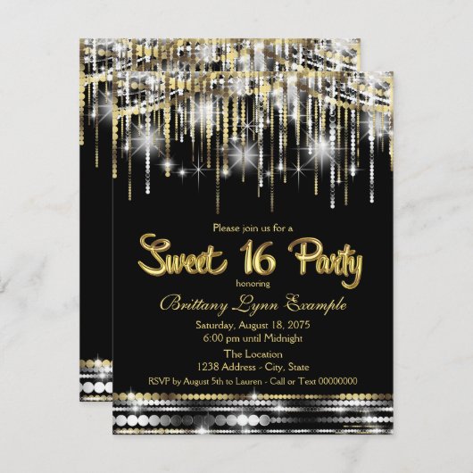 ブラックと金ゴールドスウィート16パーティー 招待状 (正面/裏面)
