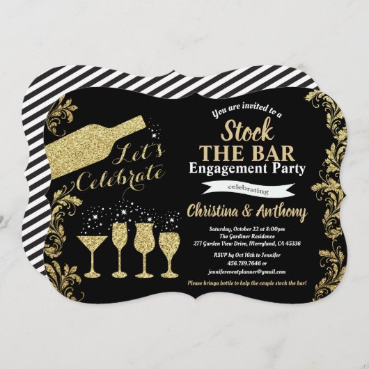 ブラックと金ゴールドストックバー婚約パーティ 招待状 (正面/裏面)