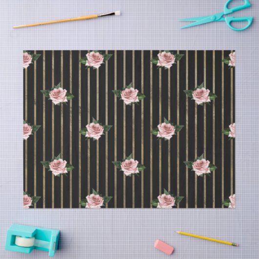 ブラックと金ゴールドストライプとピンクローズのデコページ 薄葉紙 (クラフト)