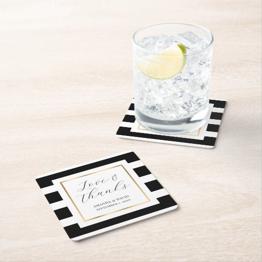 ブラックと金ゴールドストライプのの結婚紙コースター スクエアペーパーコースター (インサイチュ)