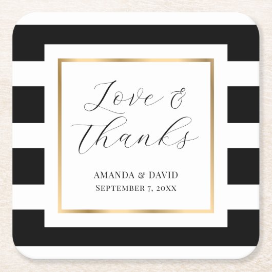 ブラックと金ゴールドストライプのの結婚紙コースター スクエアペーパーコースター (正面)
