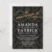 ブラックと金ゴールドダマスクのアールデコ結婚式招待状 招待状 (正面)