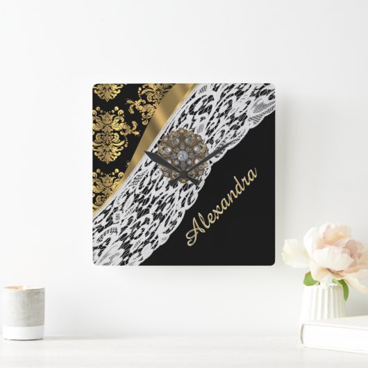 ブラックと金ゴールドダマスクホワイトレースクリスタル スクエア壁時計 (ホーム)