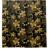 ブラックと金ゴールドトロピカル葉の花のパターン シャワーカーテン (正面)