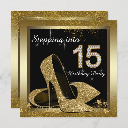 ブラックと金ゴールドハイヒールシュークインセアニラ 招待状 (正面/裏面)