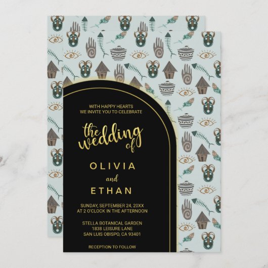 ブラックと金ゴールドパターンエレガントなウェディング招待状 招待状 (正面/裏面)